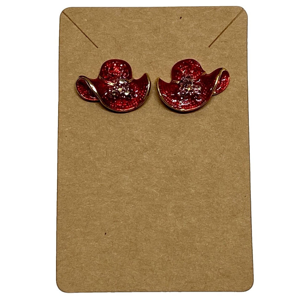 Vintage Red Hat Society Earrings Enameled Rhinestone Gold Tone Pierced Stud Post